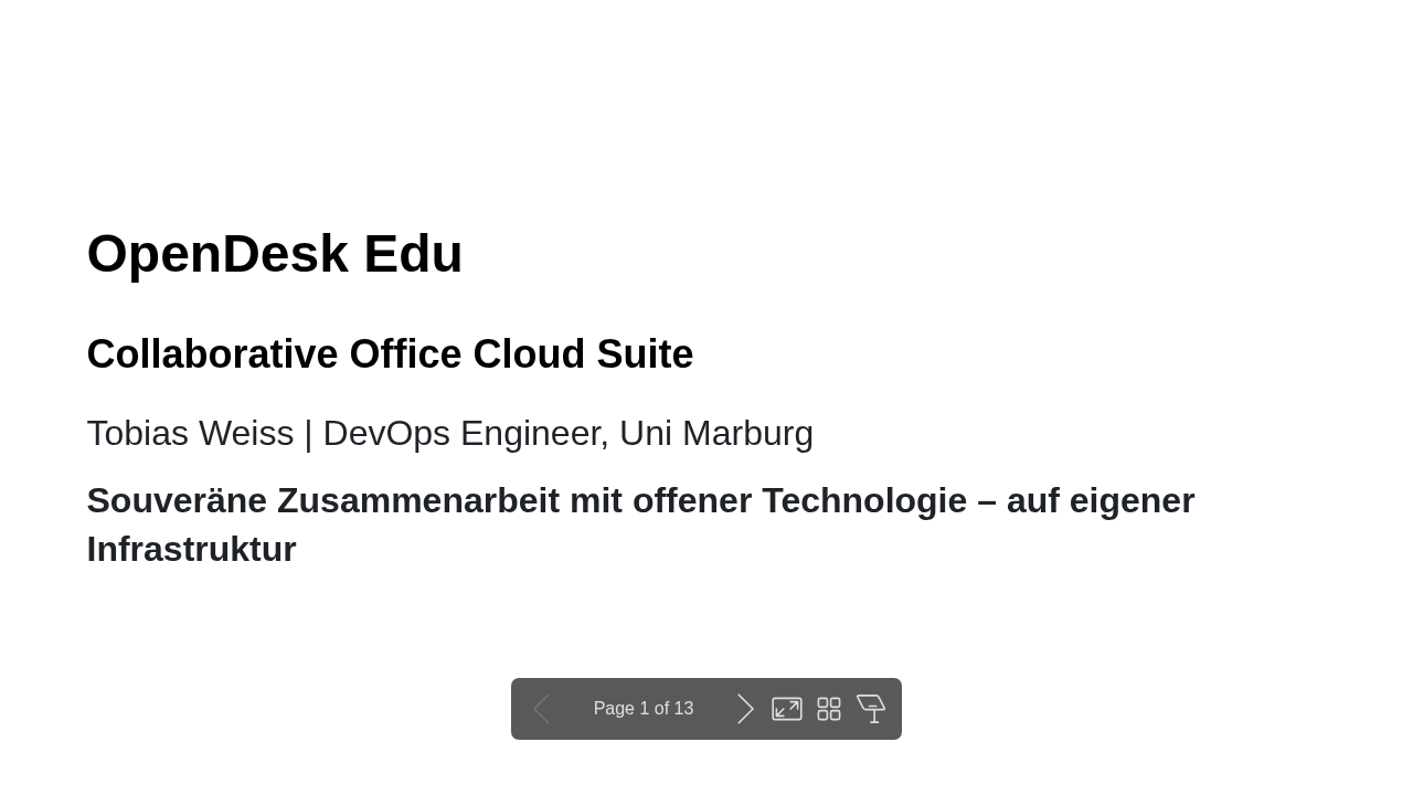 OpenDesk Collaborative Office 12+8 — title slide: OpenDesk Edu, Collaborative Office Cloud Suite